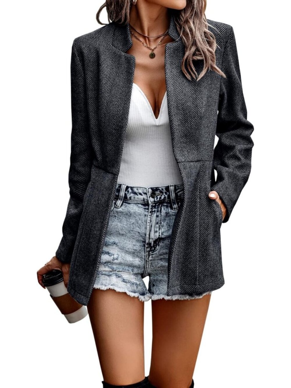 Chic Women's Open Front Blazer Coat - Long Sleeve Solid Trench for Work & Office
